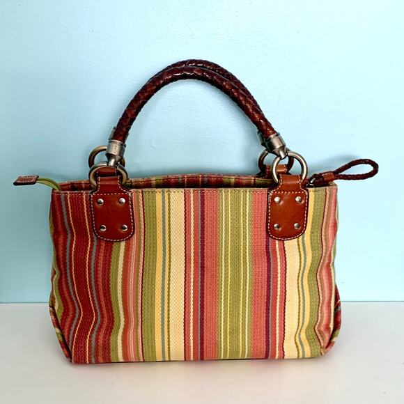 Fossel Striped Canvas Purse with Leather Braided Handles - Picture 2 of 10